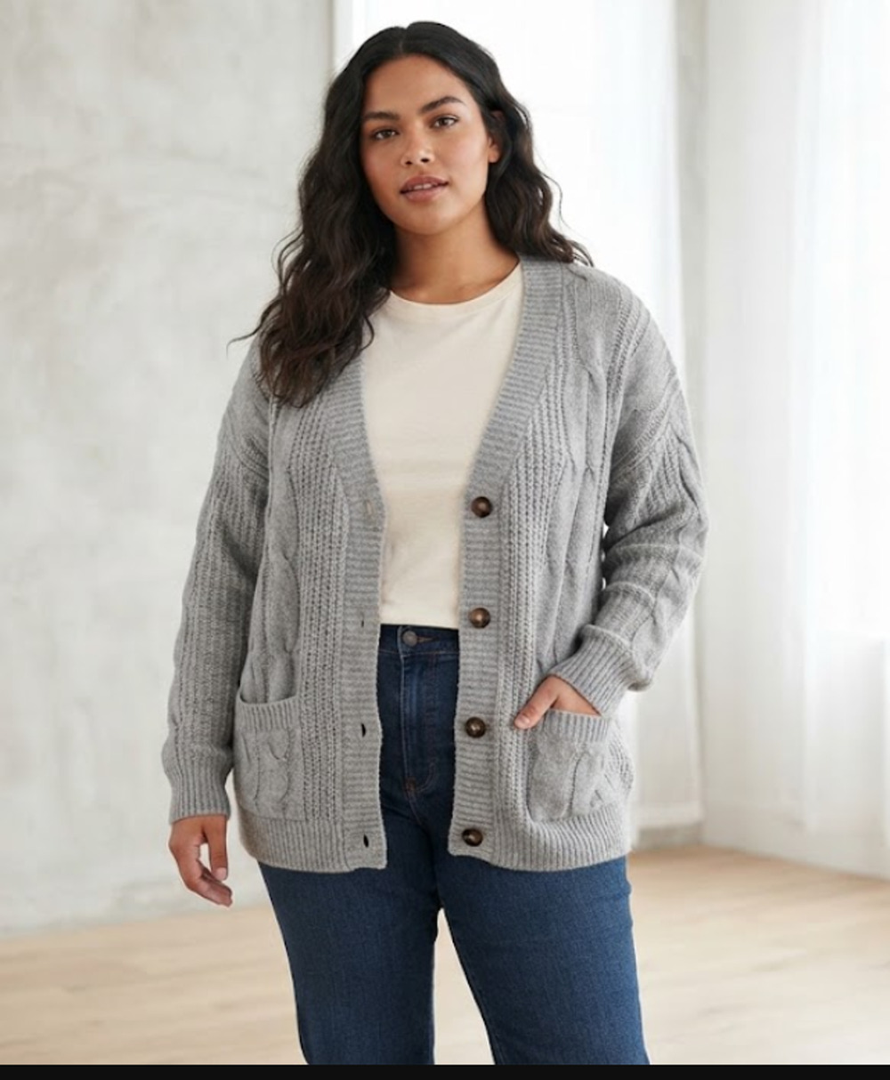 St John's Bay Women's Cardigan Sweater Plus 3X Gray Cable Knit Cotton NEW